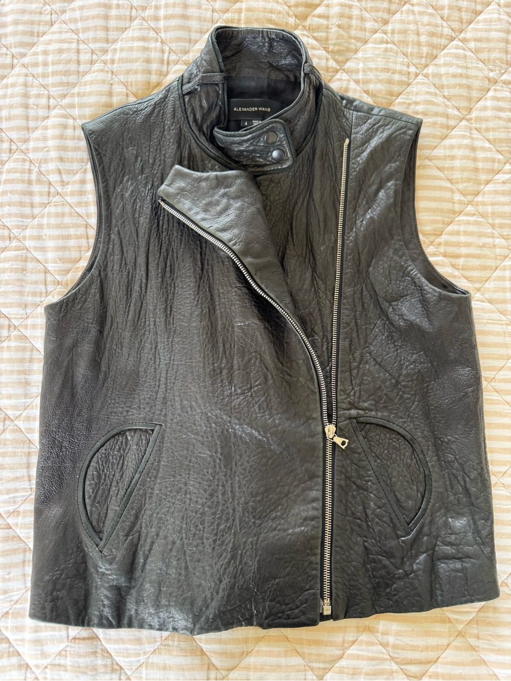Alexander Wang Black Textured Leather Sleeveless Vest with Asymmetrical Zip
